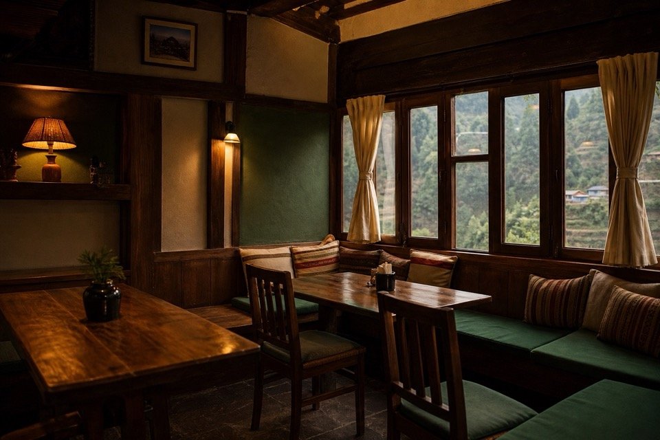Cozy dining room at Akabare Inn with wood furniture and a window onto green hills