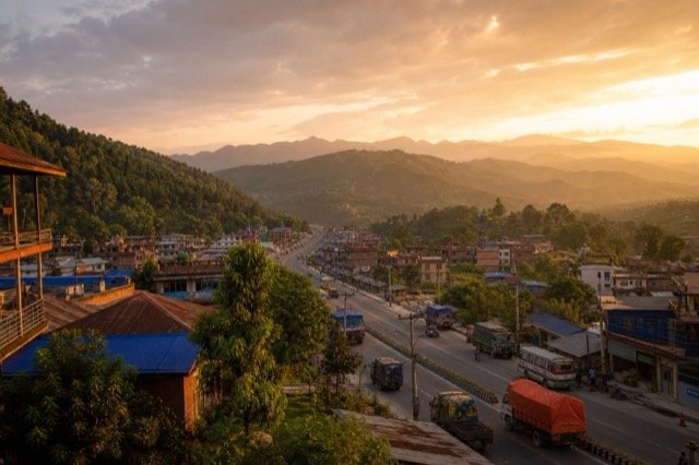 Golden-hour view of Bardibas hills and the BP Highway — video tour thumbnail